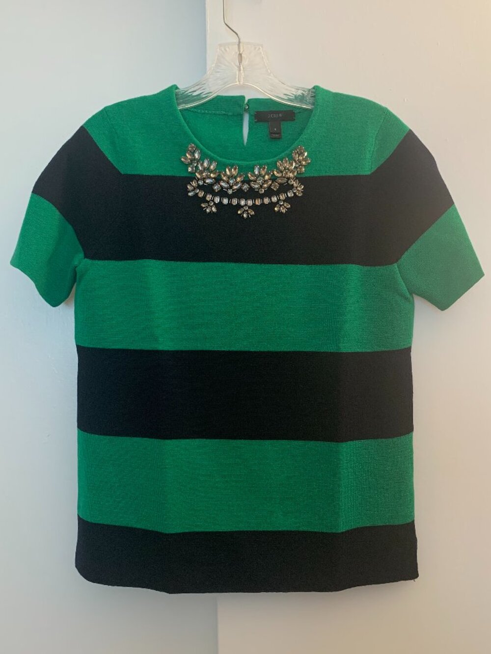 J. Crew rugby striped sweater with embellished crystal jeweled neckline